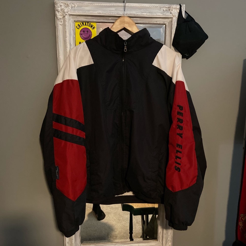 Vintage Perry Ellis red white and blue windbreaker